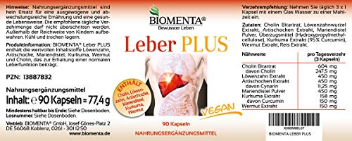 BIOMENTA HÍGADO VITAL PLUS | con COLINA + DIENTE DE LEÓN + ALCACHOFA + CARDO MARIANO + CURCUMIN + AJENJO | Desintoxicación del Hígado | 90 VEGANO Cápsulas