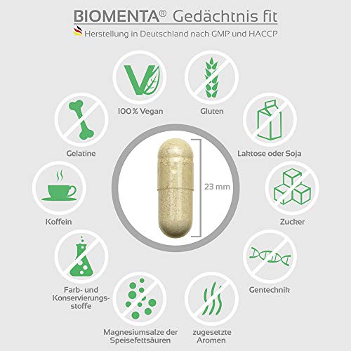 BIOMENTA memory fit - vegano - con 300 mg de DHA (omega-3), guaraná (cafeína), rodiola, ginkgo biloba, vitamina C, magnesio, hierro, zinc, vitamina B12 - 90 cápsulas de memoria