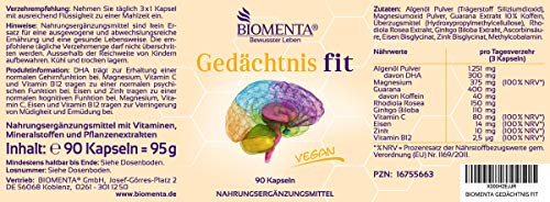 BIOMENTA memory fit - vegano - con 300 mg de DHA (omega-3), guaraná (cafeína), rodiola, ginkgo biloba, vitamina C, magnesio, hierro, zinc, vitamina B12 - 90 cápsulas de memoria