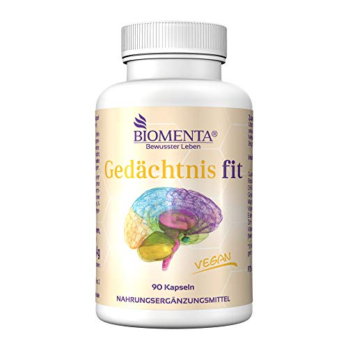 BIOMENTA memory fit - vegano - con 300 mg de DHA (omega-3), guaraná (cafeína), rodiola, ginkgo biloba, vitamina C, magnesio, hierro, zinc, vitamina B12 - 90 cápsulas de memoria