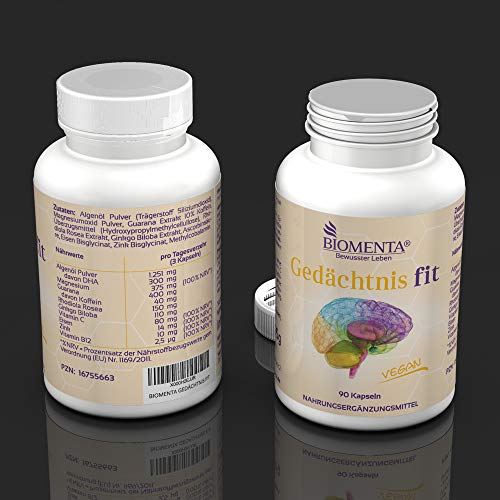 BIOMENTA memory fit - vegano - con 300 mg de DHA (omega-3), guaraná (cafeína), rodiola, ginkgo biloba, vitamina C, magnesio, hierro, zinc, vitamina B12 - 90 cápsulas de memoria