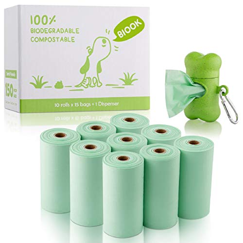 BIOOK Bolsas Caca Perro 100% Biodegradable con 1 Dispensador, Materiales Basados en PLA y Compostables Premium Ecológico, Fuertes, Resistente a Fugas, Sin Perfume, EN13432 y Ok Compost Certificación