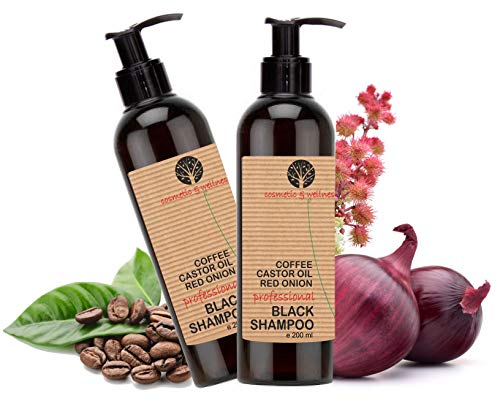 Black Shampoo Champú Anticaída Natural con Café Ricino, Keratina y Extracto de Cebolla Detox Champu Acelerador Pack Ahorro 2 x200 ml Sin sulfato