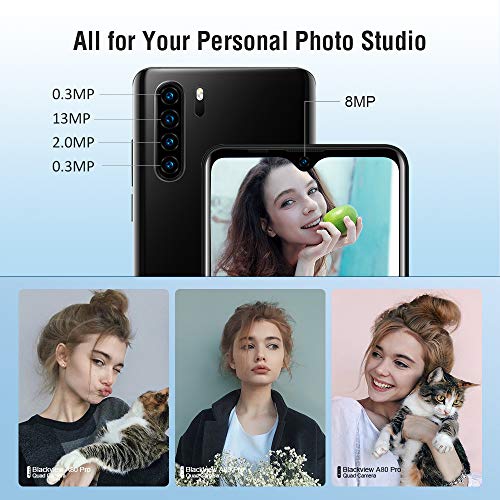 Blackview A80 Pro Teléfono Móvil Libre con Cámara Trasera Cuádruple 13MP+8MP, 6.49" HD+ WaterDrop Screen, 4GB+64GB, Batería 4680mAh, Helio P25 Octa-Core Smartphone Libre 4G, Dual Sim/Face ID/GPS-Negro