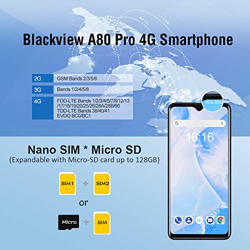 Blackview A80 Pro Teléfono Móvil Libre con Cámara Trasera Cuádruple 13MP+8MP, 6.49" HD+ WaterDrop Screen, 4GB+64GB, Batería 4680mAh, Helio P25 Octa-Core Smartphone Libre 4G, Dual Sim/Face ID/GPS-Negro