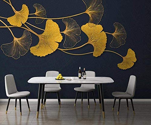 Blovsmile Hilo de oro en relieve 3D, ginkgo biloba Fotomural Papel tapiz Póster Habitación de los niños Sala de estar Decoración Mural-350X280cm(WxH)