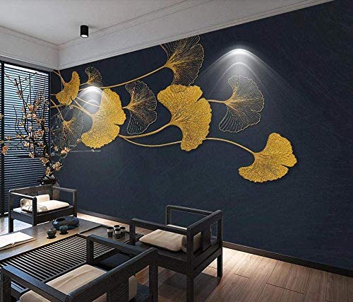 Blovsmile Hilo de oro en relieve 3D, ginkgo biloba Fotomural Papel tapiz Póster Habitación de los niños Sala de estar Decoración Mural-350X280cm(WxH)