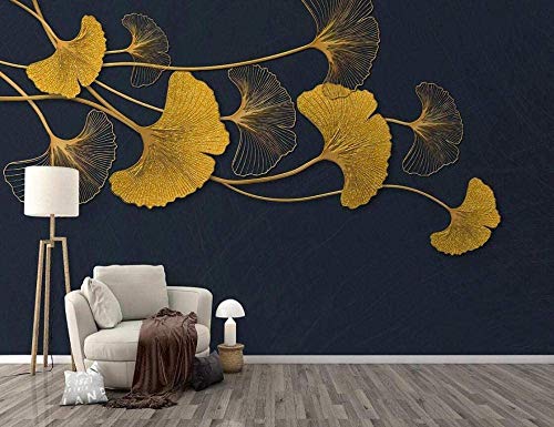 Blovsmile Hilo de oro en relieve 3D, ginkgo biloba Fotomural Papel tapiz Póster Habitación de los niños Sala de estar Decoración Mural-350X280cm(WxH)