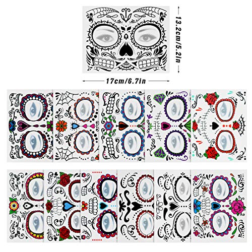 Bluelves Tatuaje Temporal de Cara Halloween, Pegatinas de Maquillaje Facial ,12 Kits Tatuajes Skull Stickers Day of The Dead Makeup, Face Tattoo para Halloween Disfraces y Fiestas