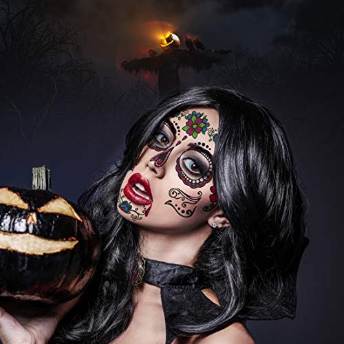 Bluelves Tatuaje Temporal de Cara Halloween, Pegatinas de Maquillaje Facial ,12 Kits Tatuajes Skull Stickers Day of The Dead Makeup, Face Tattoo para Halloween Disfraces y Fiestas