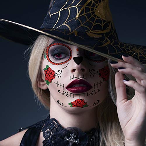Bluelves Tatuaje Temporal de Cara Halloween, Pegatinas de Maquillaje Facial ,12 Kits Tatuajes Skull Stickers Day of The Dead Makeup, Face Tattoo para Halloween Disfraces y Fiestas