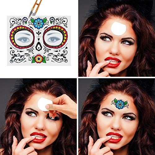 Bluelves Tatuaje Temporal de Cara Halloween, Pegatinas de Maquillaje Facial ,12 Kits Tatuajes Skull Stickers Day of The Dead Makeup, Face Tattoo para Halloween Disfraces y Fiestas