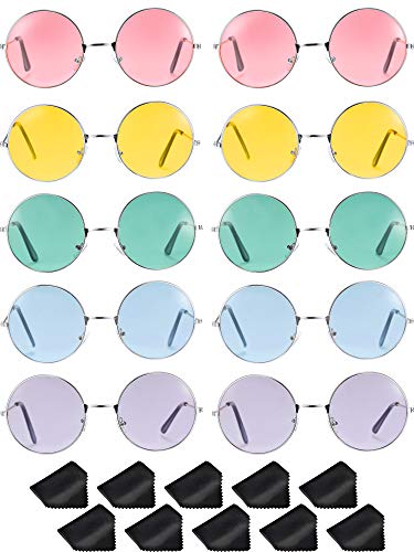 Blulu 10 Pares de Gafas de Sol de Hippies Redondas John de los Años de 1960 Gafas de Colores (Marco Plateado)