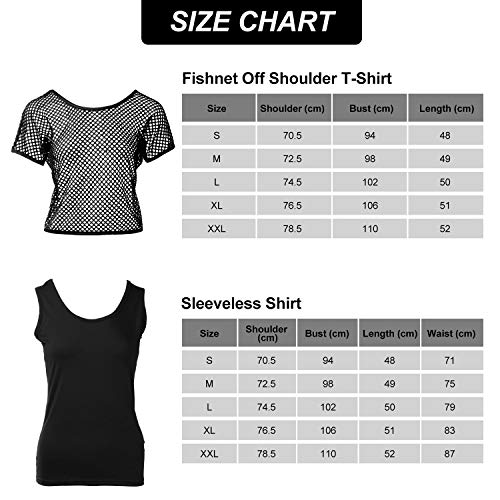 Blulu Conjunto de Disfraces de los 80, Camiseta con Hombros Descubiertos y Rejilla Guantes sin Mangas Pendientes Collar (Negro, XL)