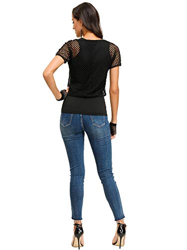 Blulu Conjunto de Disfraces de los 80, Camiseta con Hombros Descubiertos y Rejilla Guantes sin Mangas Pendientes Collar (Negro, XL)
