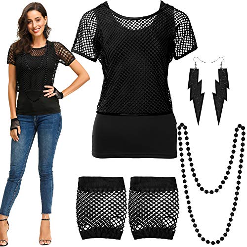 Blulu Conjunto de Disfraces de los 80, Camiseta con Hombros Descubiertos y Rejilla Guantes sin Mangas Pendientes Collar (Negro, XL)