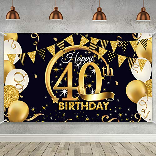 Blulu Decoración de Fiesta de 40 Cumpleaños, Tela Extra Grande Póster de Señal Dorado Negro para 40 Aniversario Fondo de Foto, Materiales de Fiesta de Cumpleaños, 72,8 x 43,3 Pulgadas (Estilo B)