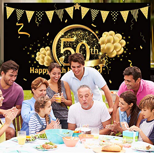 Blulu Decoración de Fiesta de 50 Cumpleaños, Póster de Señal de Tela Extra Grande para 50 Aniversario Fondo de Foto Pancarta de Fondo, Materiales de Fiesta de 50 Cumpleaños (Negro Dorado)