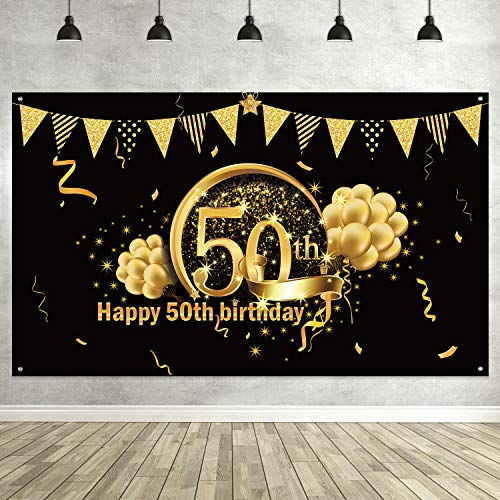 Blulu Decoración de Fiesta de 50 Cumpleaños, Póster de Señal de Tela Extra Grande para 50 Aniversario Fondo de Foto Pancarta de Fondo, Materiales de Fiesta de 50 Cumpleaños (Negro Dorado)