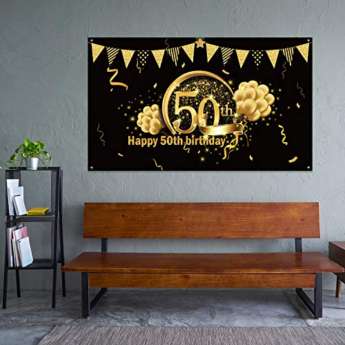 Blulu Decoración de Fiesta de 50 Cumpleaños, Póster de Señal de Tela Extra Grande para 50 Aniversario Fondo de Foto Pancarta de Fondo, Materiales de Fiesta de 50 Cumpleaños (Negro Dorado)