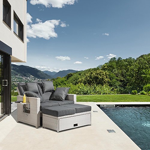 blumfeldt Komfortzone Sofá de ratán Dos plazas con Mesa Plegable (resplado inclinable, apoya pies, para jardín y terrazas, Tumbona, snackbar) - Gris