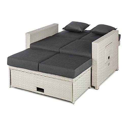 blumfeldt Komfortzone Sofá de ratán Dos plazas con Mesa Plegable (resplado inclinable, apoya pies, para jardín y terrazas, Tumbona, snackbar) - Gris