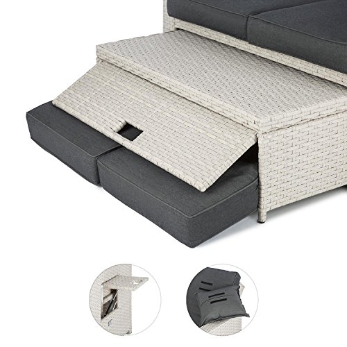 blumfeldt Komfortzone Sofá de ratán Dos plazas con Mesa Plegable (resplado inclinable, apoya pies, para jardín y terrazas, Tumbona, snackbar) - Gris