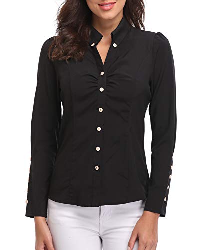 Blusas y Camisas de Mujer Oficina Tops de Moda Negras Manga Larga Casual con Cuello en V de Botónes Básicos Negocio - XS