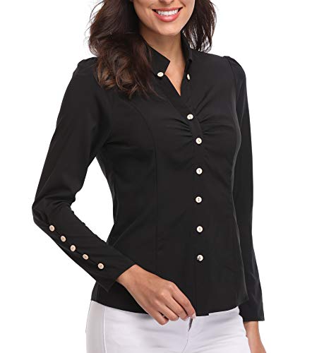 Blusas y Camisas de Mujer Oficina Tops de Moda Negras Manga Larga Casual con Cuello en V de Botónes Básicos Negocio - XS