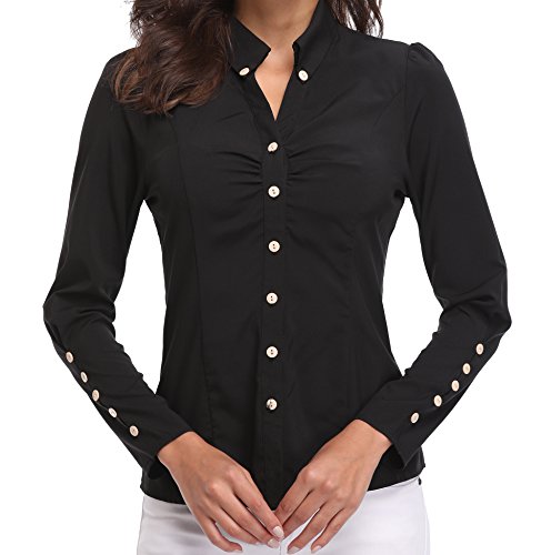 Blusas y Camisas de Mujer Oficina Tops de Moda Negras Manga Larga Casual con Cuello en V de Botónes Básicos Negocio - XS