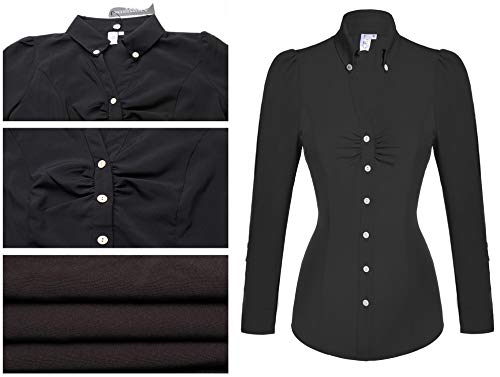 Blusas y Camisas de Mujer Oficina Tops de Moda Negras Manga Larga Casual con Cuello en V de Botónes Básicos Negocio - XS