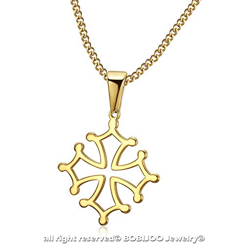 BOBIJOO JEWELRY - Colgante Cruz de Occitania, Languedoc, el Occitano, el Toulouse Mujer Niño de Oro Dorado de Acero Chapado en Cadena