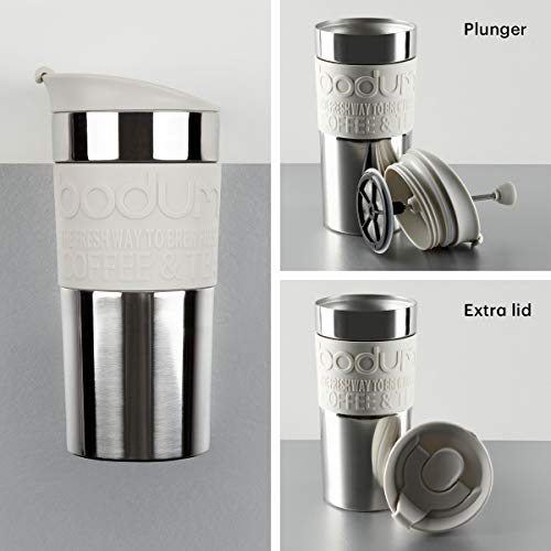 Bodum Travelpress 0.35 L Mug de Viaje, plástico, Acero, Blanco Crema, Centimeters