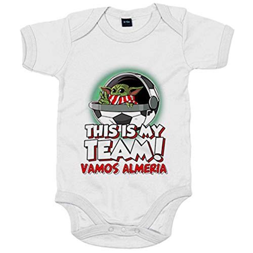 Body bebé parodia baby Yoda mi equipo de fútbol vamos Almería - Blanco, 12-18 meses