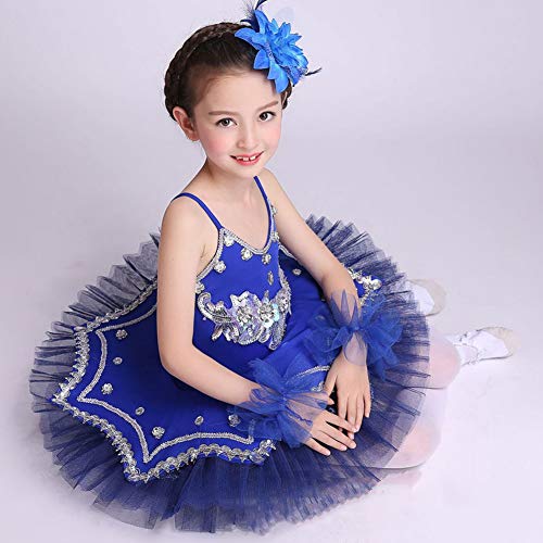 Boenxuan Niñas Elegante Ballet de Tul Vestido de tutú de la Danza - Lentejuelas con Cuentas Flor de Baile Trajes de Jersey Roca Rendimiento,Azul,110cm
