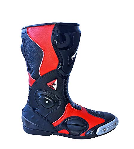 Bohmberg - Botas de Moto, Botas de Piel Deportivas, Impermeables, de Cuero Estable Protectores rígidos Integrados (Rojo, 44)
