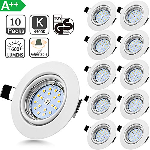 Bojim 10x Foco Empotrable LED GU10 6W Blanco Natural 4500K Equivalente a 55W de incandescencia Luz de Techo 600Lm 82Ra Ojos de Buey Marco Redondo Blanco Mate Ángulo Rotable 30° y Ángulo de luz 120°