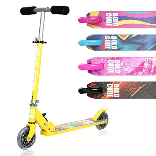 BOLDCUBE Patinete de 2 Dos Ruedas Plegable - Altura Ajustable - Aluminio Monopatín con PU Ruedas - Scooter para Ciudad Niños 5-14 Años (Amarillo)