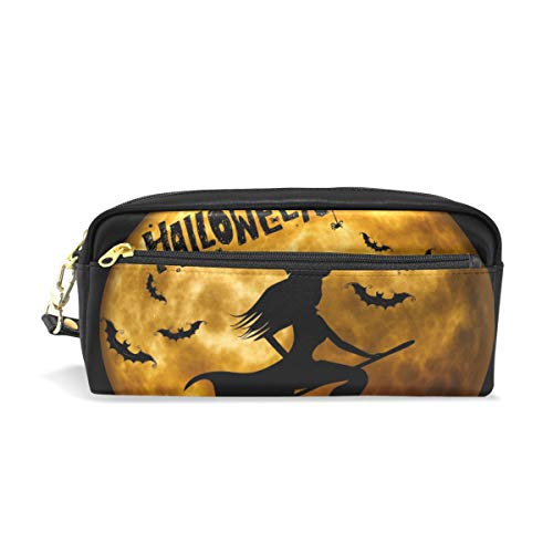 Bolsa de maquillaje con cremallera para adolescentes con diseño de bruja de Halloween, para niñas y mujeres, para la escuela, material de escritura de piel sintética con compartimentos