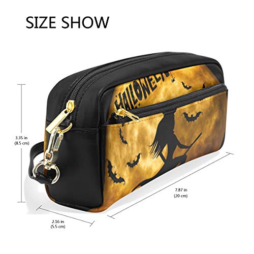 Bolsa de maquillaje con cremallera para adolescentes con diseño de bruja de Halloween, para niñas y mujeres, para la escuela, material de escritura de piel sintética con compartimentos