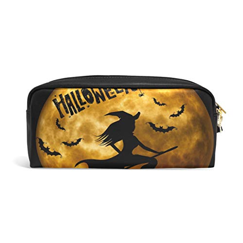 Bolsa de maquillaje con cremallera para adolescentes con diseño de bruja de Halloween, para niñas y mujeres, para la escuela, material de escritura de piel sintética con compartimentos