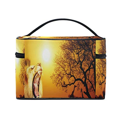 Bolsa de maquillaje, diseño de árbol de león africano portátil, estuche de viaje con impresión grande, bolsa de cosméticos organizador compartimentos para niñas mujeres señora