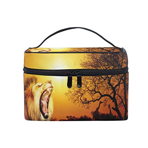 Bolsa de maquillaje, diseño de árbol de león africano portátil, estuche de viaje con impresión grande, bolsa de cosméticos organizador compartimentos para niñas mujeres señora