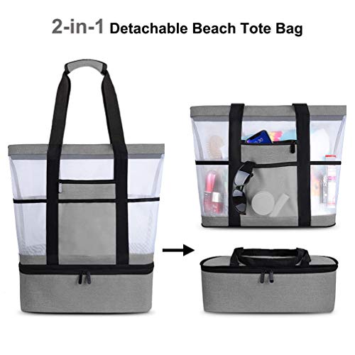 Bolsa de Playa Grande Bolsa de Malla de Playa Bolso de Mano Desmontable Bolso de Hombro con Bolsa Aislante Caja Enfriamiento Picnic Extraíble 2 in 1 para Playa Natación Camping Gimnasio