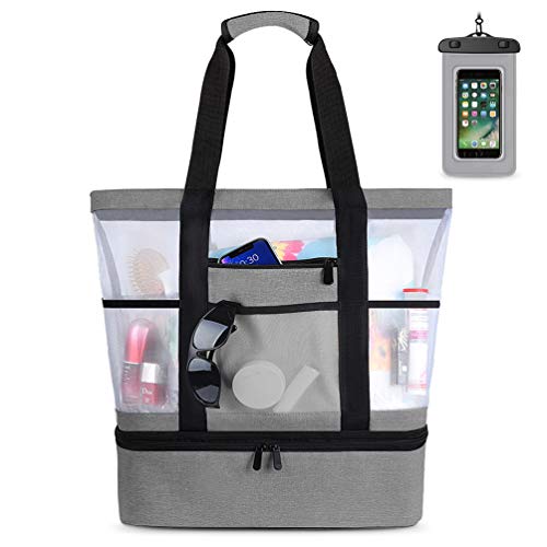 Bolsa de Playa Grande Bolsa de Malla de Playa Bolso de Mano Desmontable Bolso de Hombro con Bolsa Aislante Caja Enfriamiento Picnic Extraíble 2 in 1 para Playa Natación Camping Gimnasio