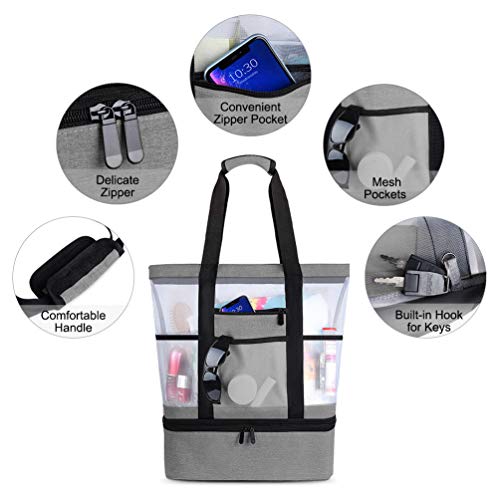 Bolsa de Playa Grande Bolsa de Malla de Playa Bolso de Mano Desmontable Bolso de Hombro con Bolsa Aislante Caja Enfriamiento Picnic Extraíble 2 in 1 para Playa Natación Camping Gimnasio