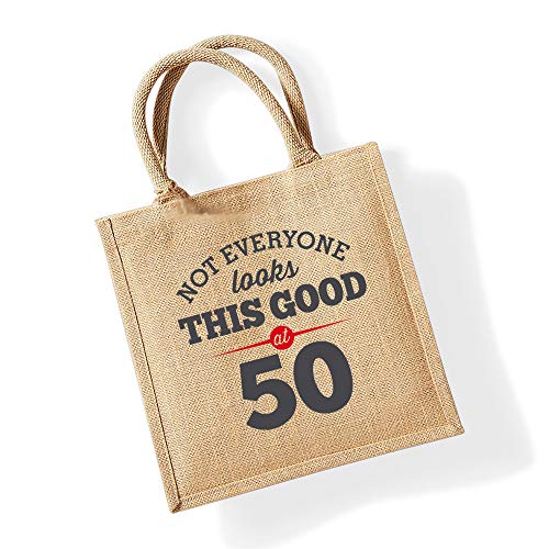Bolsa de yute de 50 cumpleaños - Para mujer - Como regalo, recuerdo o para hacer la compra - Natural - 30 x 30 x 19 cm