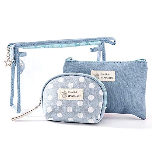 Bolsas 3 piezas Neceser Maquillaje Bolsa Maquillaje plegable Cosméticos de Tocador portátil de viaje bolsa maquillaje organizador del bolso sin asas con la cremallera (azul claro)