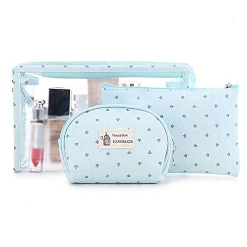Bolsas 3 piezas Neceser Maquillaje Bolsa Maquillaje plegable Cosméticos de Tocador portátil de viaje bolsa maquillaje organizador del bolso sin asas con la cremallera (azul claro)