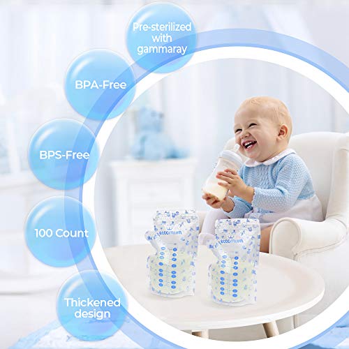 Bolsas de Almacenamiento de Leche Materna de Eccomum, 100 uds, 240ml, Pre-Esterilizadas, sin BPA, con Área de Etiquetado, Conservar y Congelar, Doble Cremallera, Adapta a Todos los Adaptadores